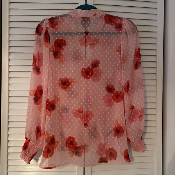 Bobeau Small Pink and Red sheer Flower Long Sleeve Top - Picture 2 of 4
